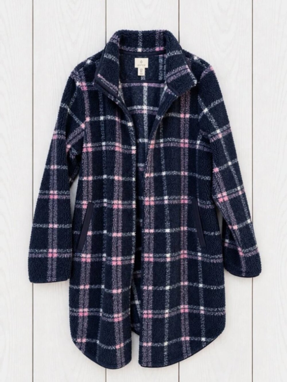 ASPEN Women's Plaid Jacket Snap Collared Pockets Long Blue Pink L